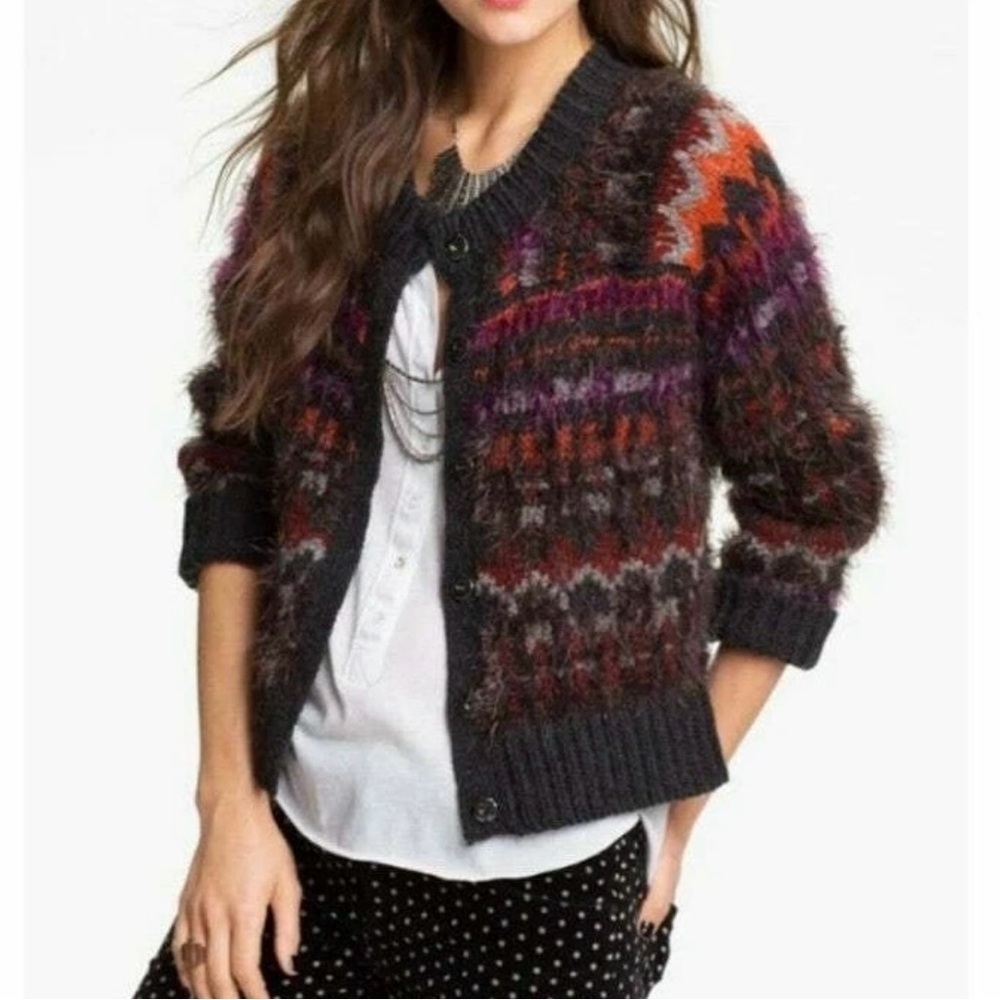Free People Multi-Color Fuzzy Knit Cardigan - Charcoal, Orange, Purple